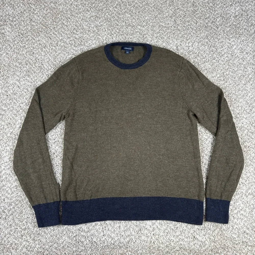 J Crew Sweater Mens L Green Crewneck Ribbed Contrast Hem Cotton Wool - Picture 1 of 12
